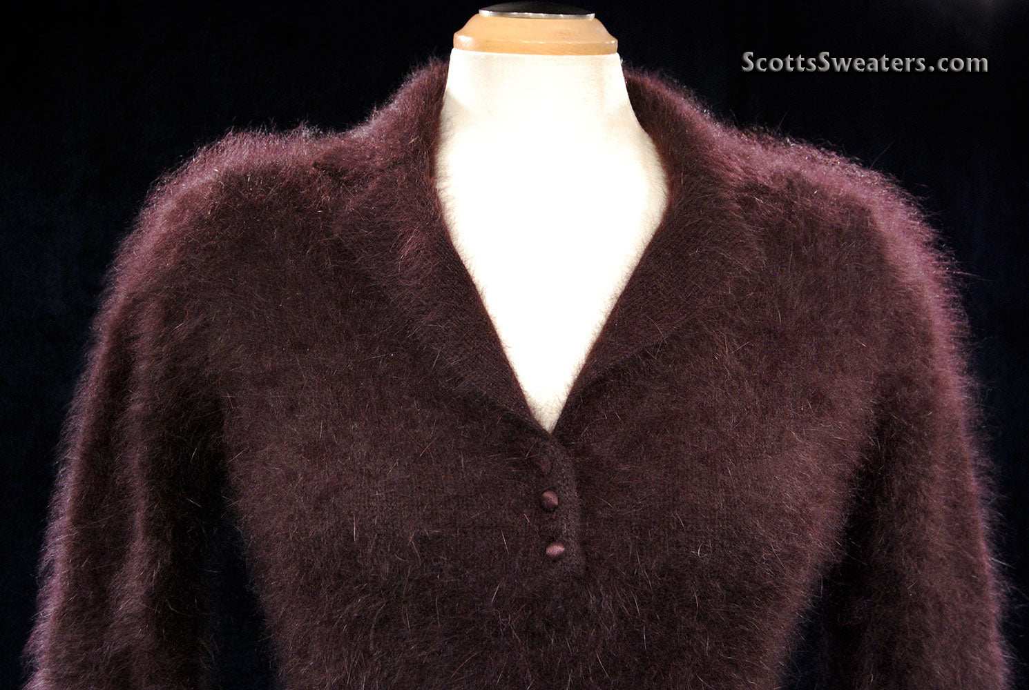 Luxurious brown angora shawl-collar sweater with buttons and narrow waist belt by Monsoon