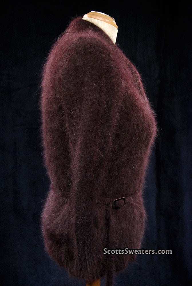 Woman's luxurious brown angora shawl-collar sweater with narrow waist belt by Monsoon