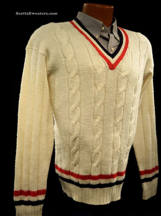 Classic V-neck pullover retro cable-knit tennis sweater in cream with red and navy stripes, size small, 100% acrylic.