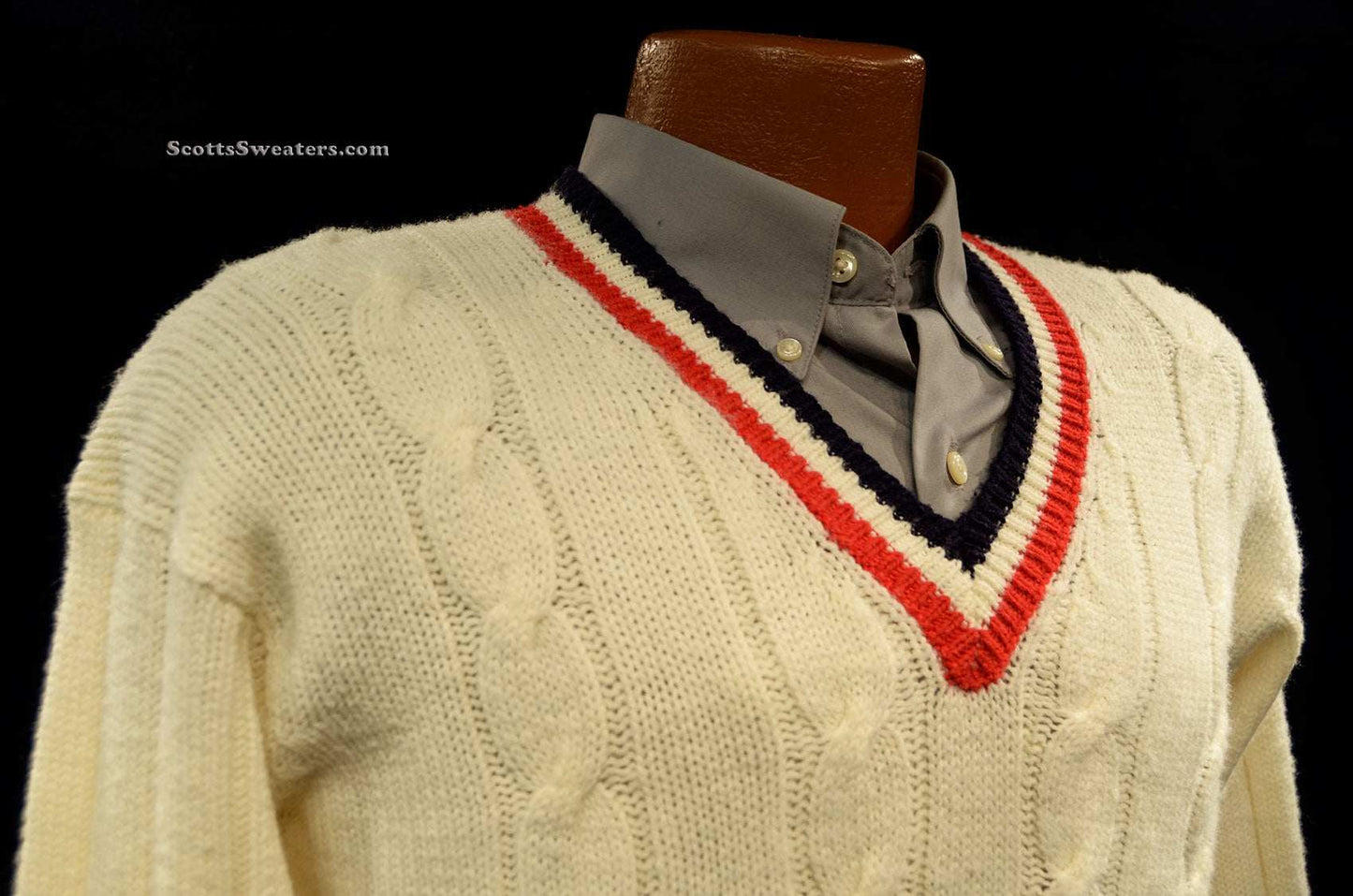 Classic V-neck pullover retro cable-knit tennis sweater in cream with red and navy trim, size small