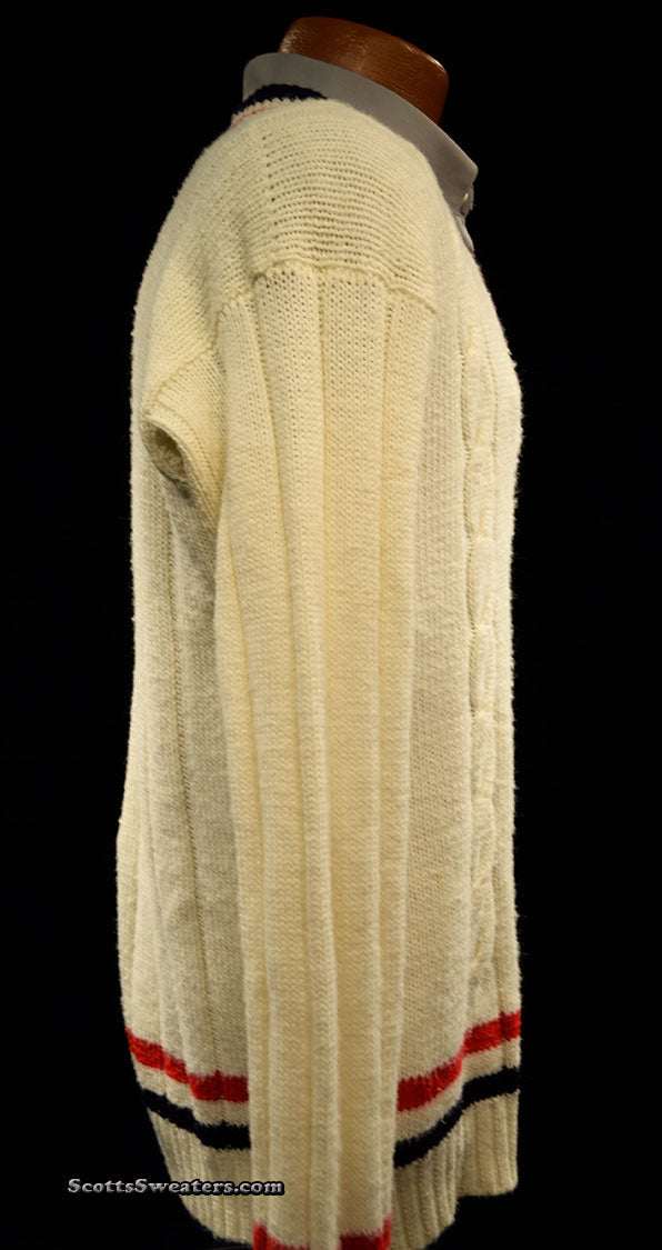 Classic V-neck Pullover retro cable-knit tennis sweater in cream with red and navy stripes, size small