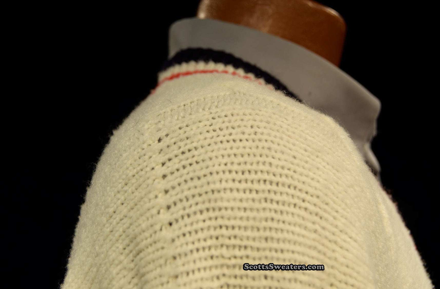 Classic V-neck pullover retro cable-knit tennis sweater in cream color with striped collar detail