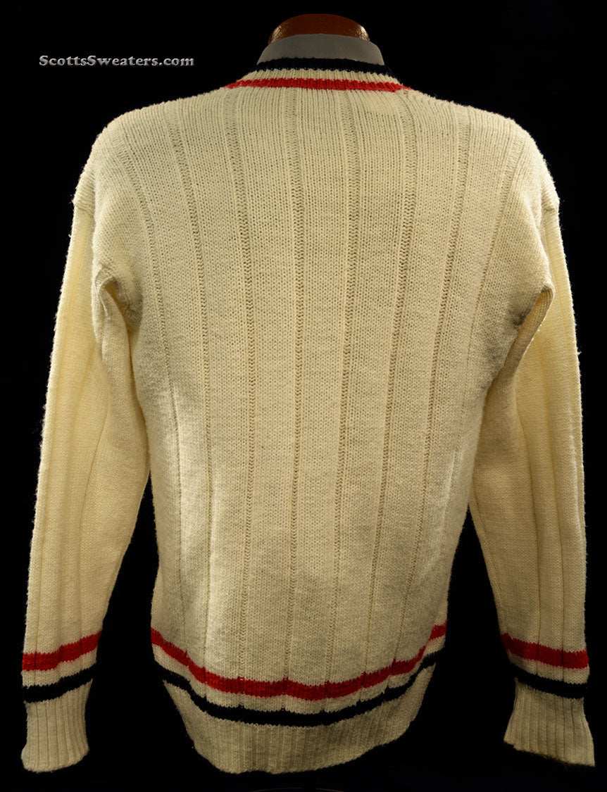 Classic V-neck pullover retro cable-knit tennis sweater in cream with red and black stripes, size small