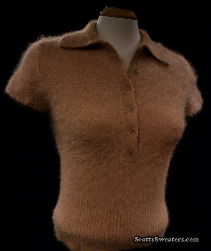 Beige woman's short-sleeve polo-neck angora sweater with 3/4 button front by J.Crew on mannequin