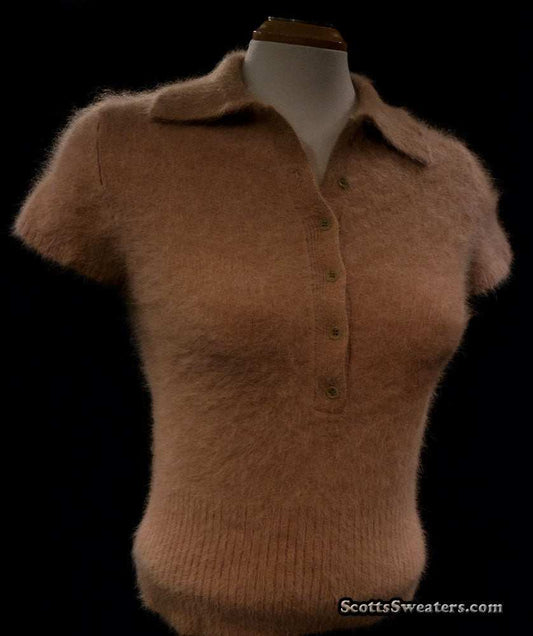 Beige woman's short-sleeve polo-neck angora sweater with 3/4 button front by J.Crew on mannequin