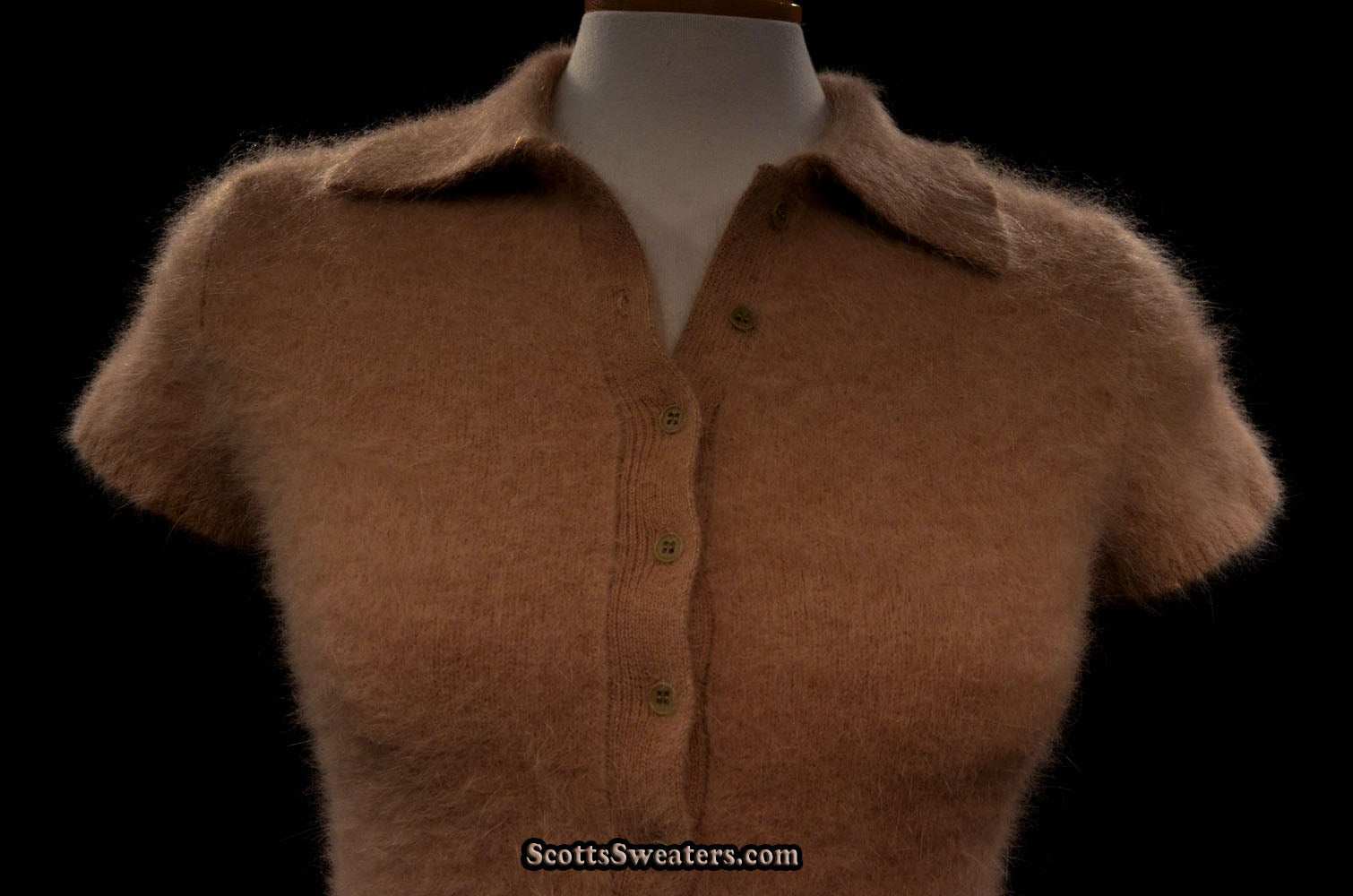 Beige woman's short-sleeve polo-neck angora sweater by J.Crew with 3/4 button front and cling fit design