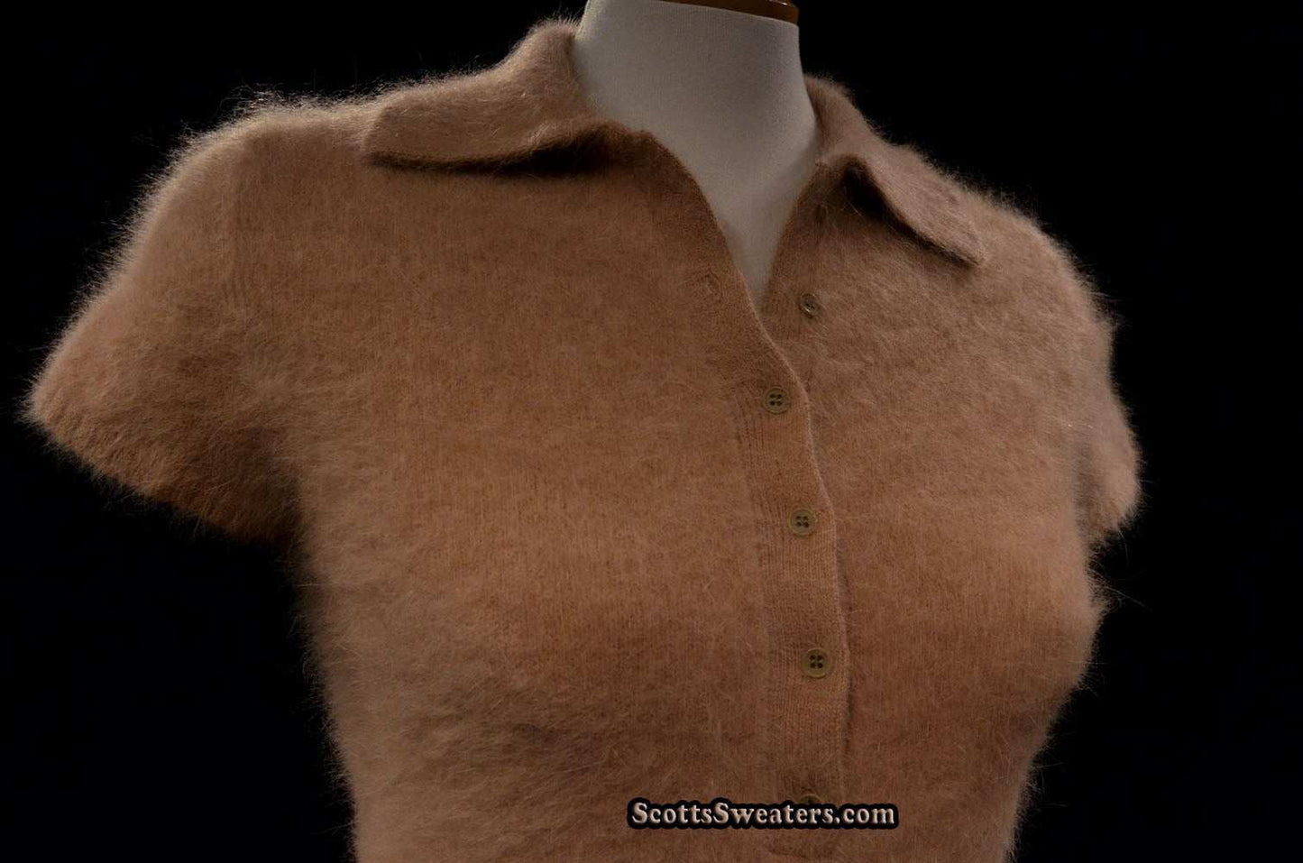 Beige angora woman's short-sleeve polo-neck sweater with 3/4 button front by J.Crew