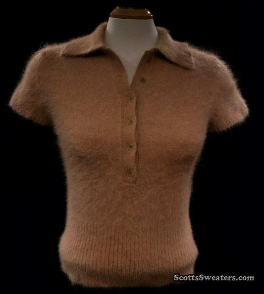 Beige woman's short-sleeve polo-neck angora sweater with 3/4 button front by J.Crew