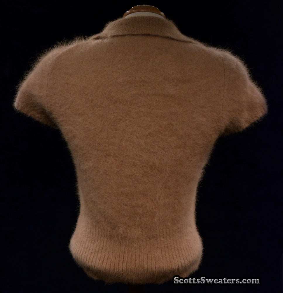 Beige woman's short-sleeve polo-neck angora sweater by J.Crew with 3/4 button front and cling fit design