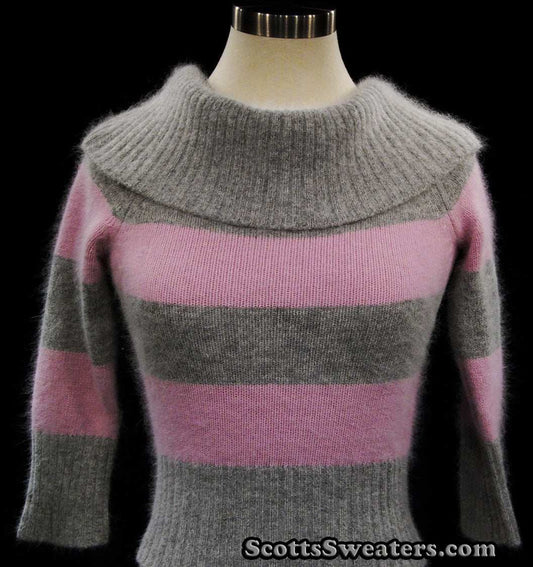 Girl's small pink and grey striped angora cowlneck sweater by bebe