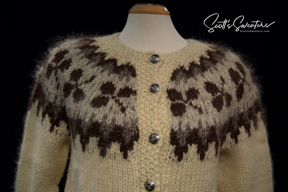 Woman's Icelandic wool cardigan sweater in natural brown with traditional design and metal button-front closure
