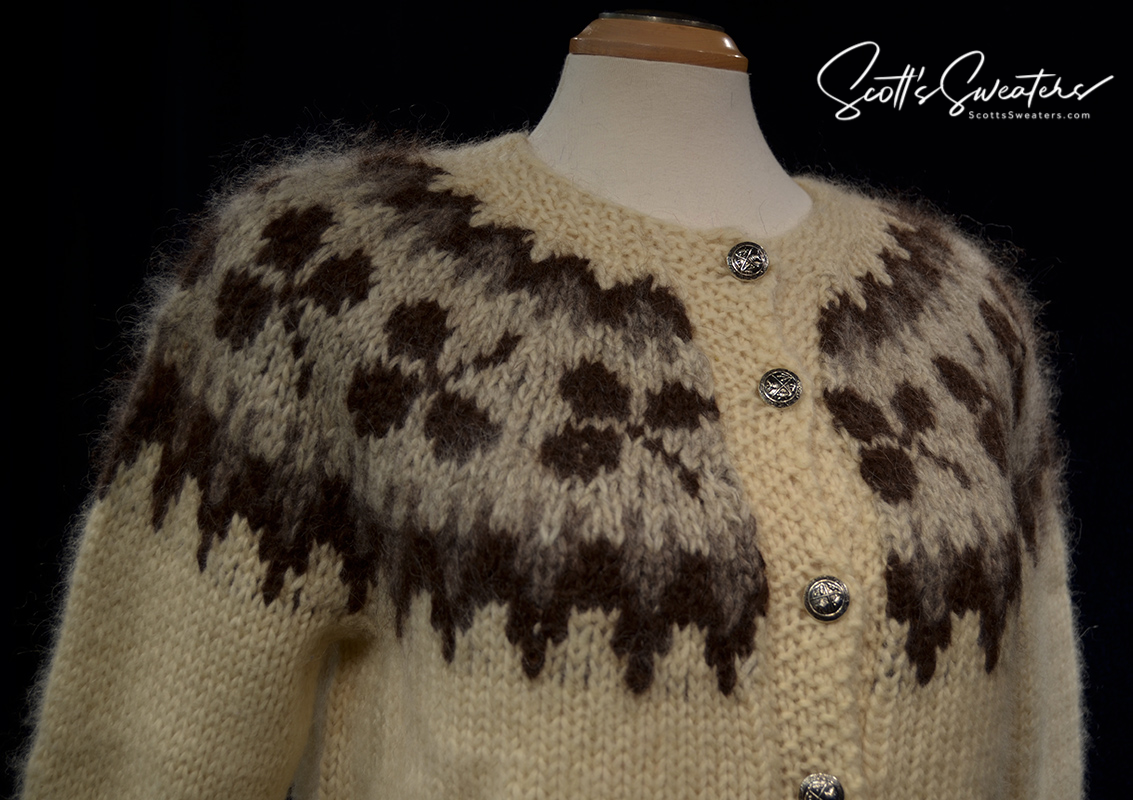 Woman's Icelandic wool cardigan sweater in natural brown with traditional pattern and metal buttons, medium size