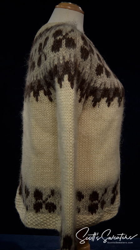 Brown and natural Icelandic wool women's cardigan sweater with traditional pattern and metal button front, medium size
