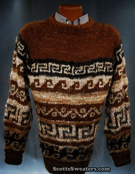 Men's brown native patterned alpaca crewneck sweater with Aztec design in black, brown, and white