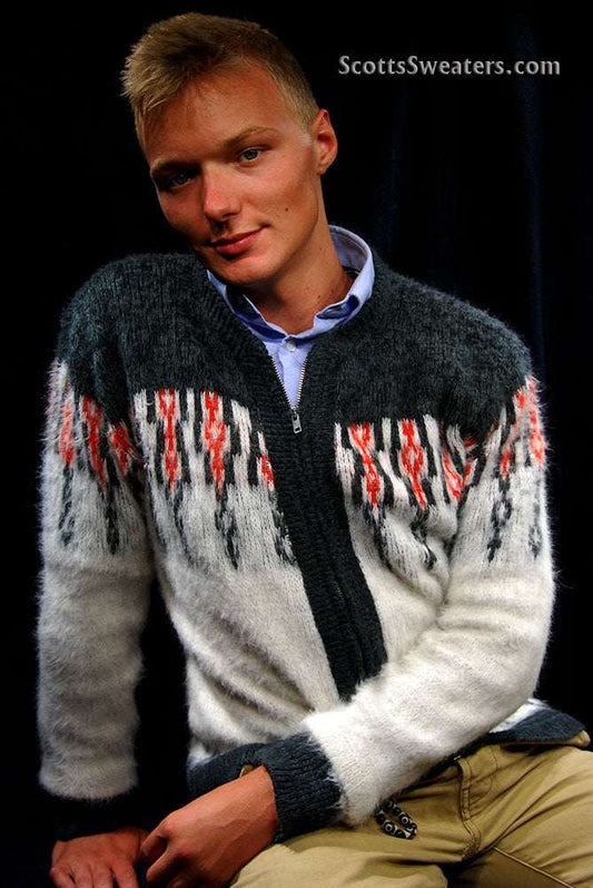 Men's retro white zipper-front faux-mohair cardigan sweater with dark grey shoulders and red chest design
