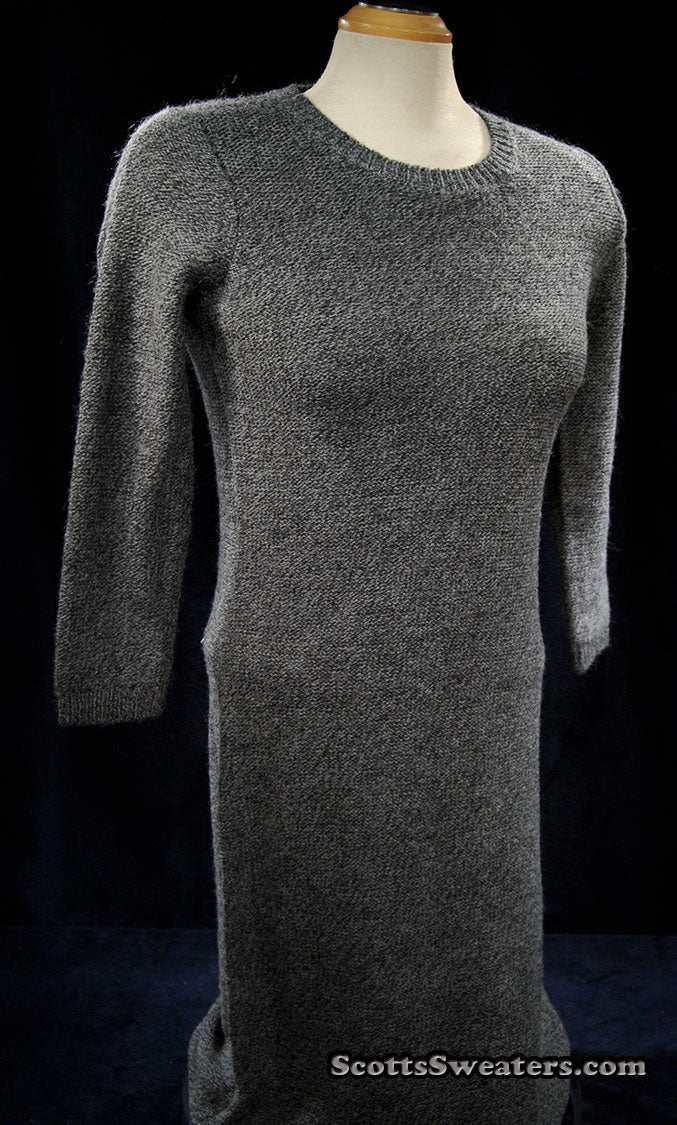 Woman's grey alpaca-merino wool sweaterdress with long sleeves and crew neck in size X-Small