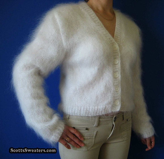 Woman's white hand-knit mohair cardigan sweater in small-medium size, soft and fluffy texture