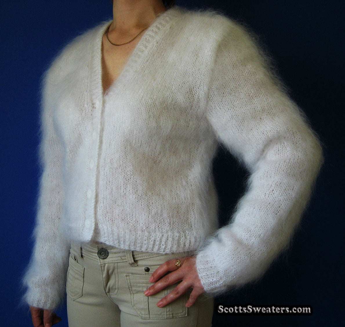 Woman's white hand-knit mohair cardigan sweater small-medium size