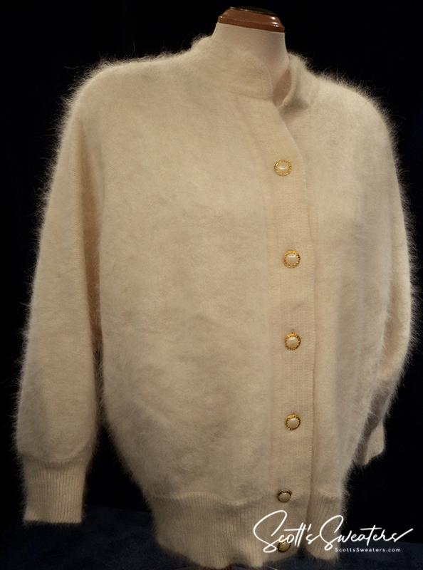 Woman's white angora cardigan sweater with gold buttons and nylon lining by Belldini in large size