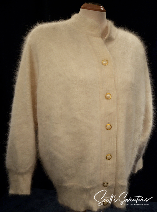 Woman's white angora cardigan sweater with gold buttons and nylon lining by Belldini in large size