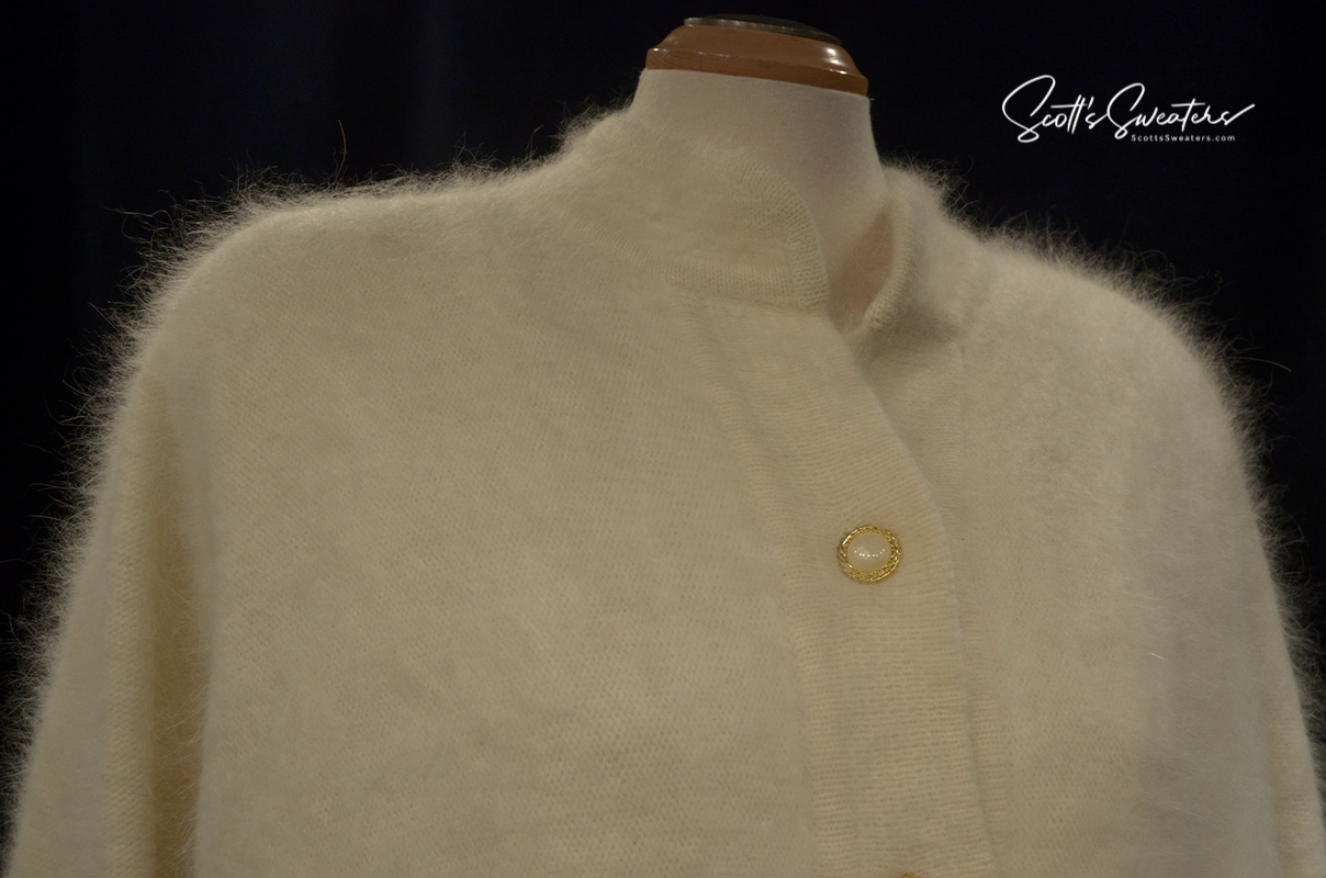 Woman's white angora cardigan sweater with gold button and nylon lining by Belldini, size large