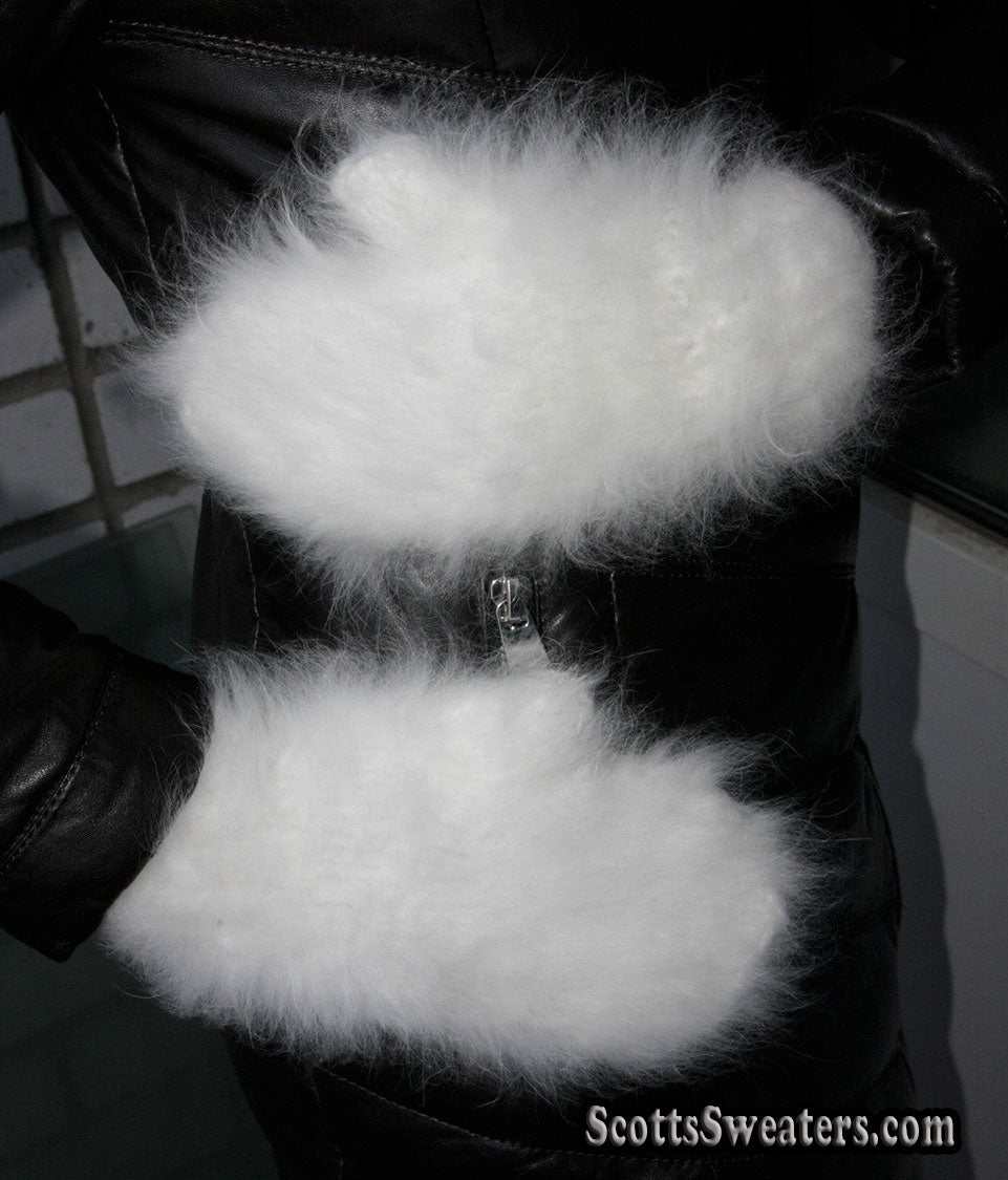 White fluffy handknit Angora mittens from Siberia for women and teens