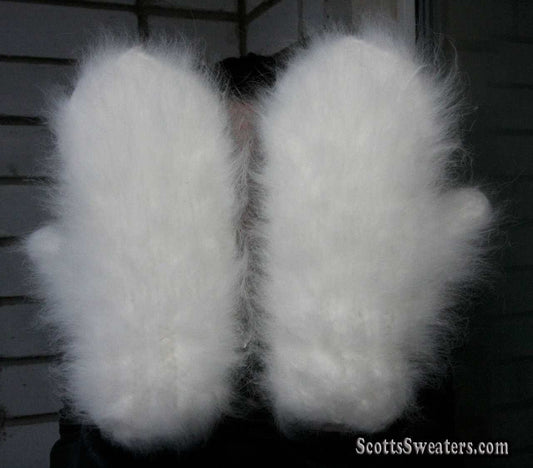 Fluffy white handknit Angora mittens from Siberia for women or teens