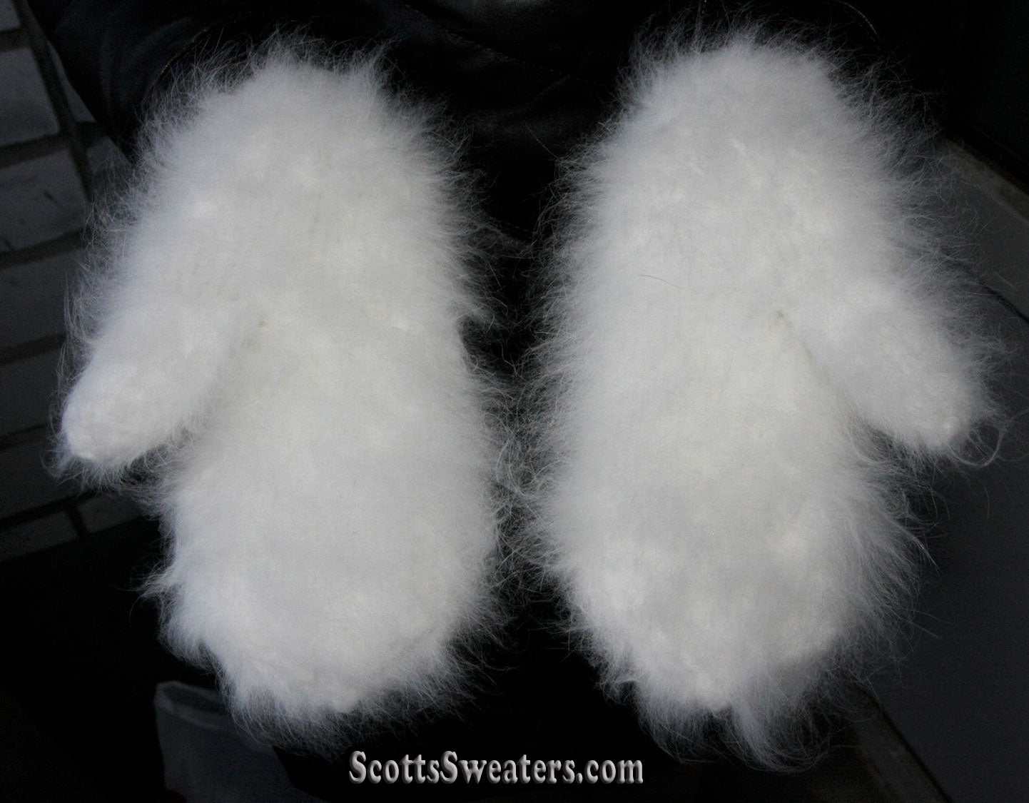White fluffy handknit Angora mittens from Siberia, small size, warm and luxurious