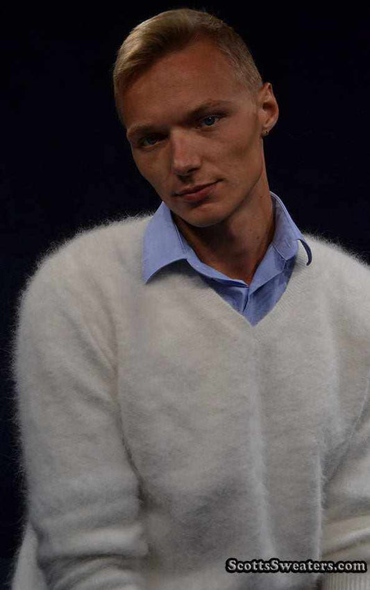 Men's Angora Sweater ultra-soft white angora V-neck sweater model wearing blue shirt underneath
