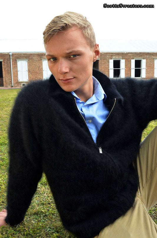 Men's ultra-soft angora zipper-front cardigan sweater in light jacket style