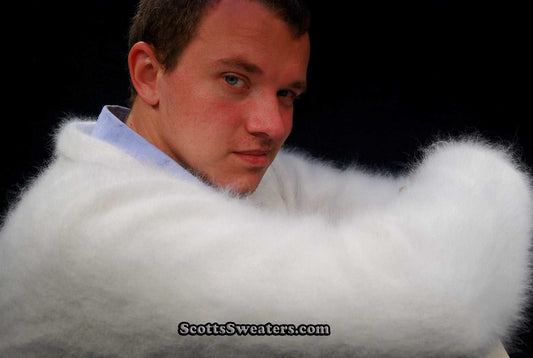 Men's ultra-soft angora cardigan sweater in white displayed on model