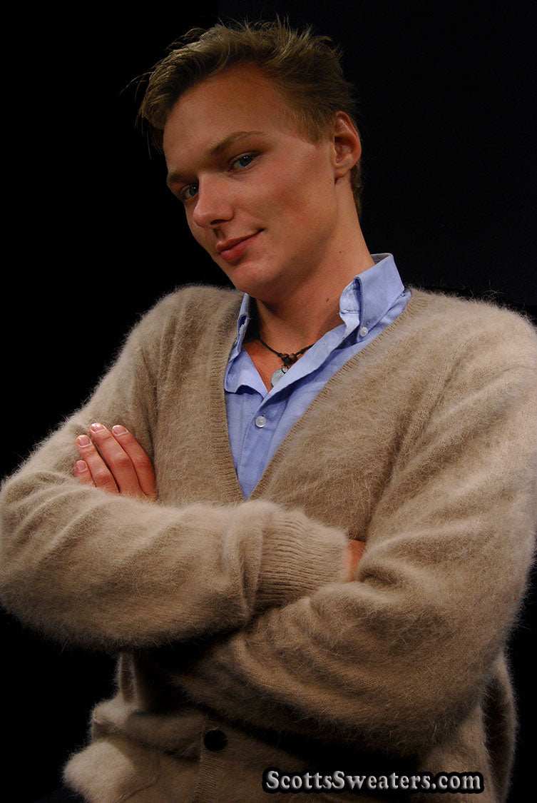 Men's ultra-soft angora cardigan sweater in beige worn by model with crossed arms