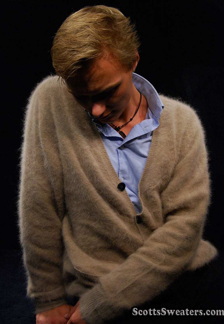 Men's ultra-soft angora cardigan sweater in beige worn over blue shirt
