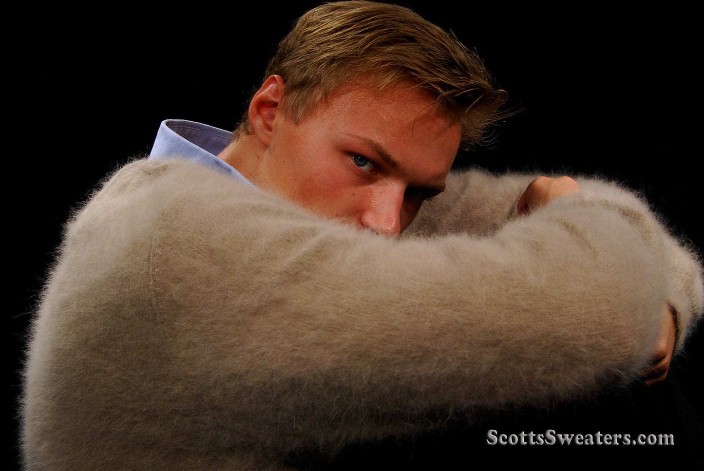 Men's ultra-soft angora cardigan sweater worn by model showcasing softness and warmth