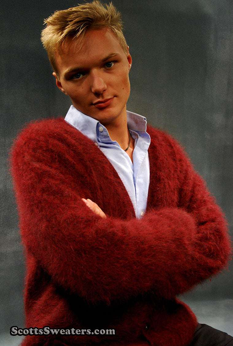 Men's ultra-soft angora cardigan sweater in deep red worn by model