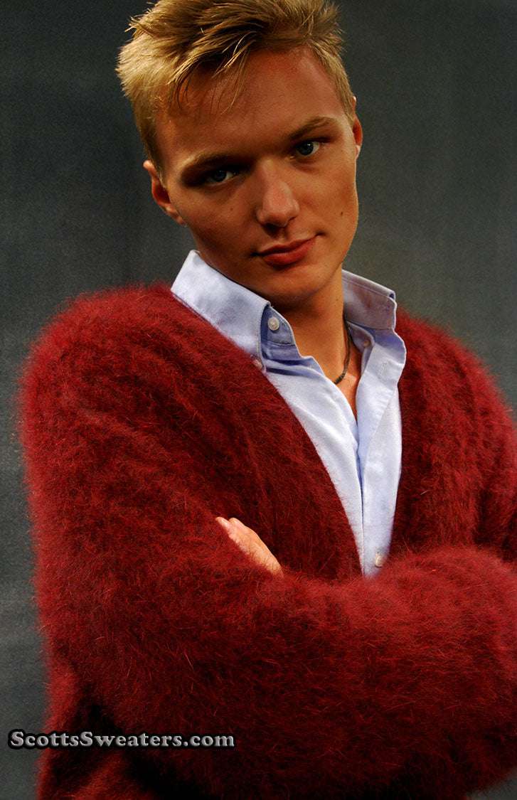 Men's ultra-soft angora red cardigan sweater, warm and luxurious knitwear.