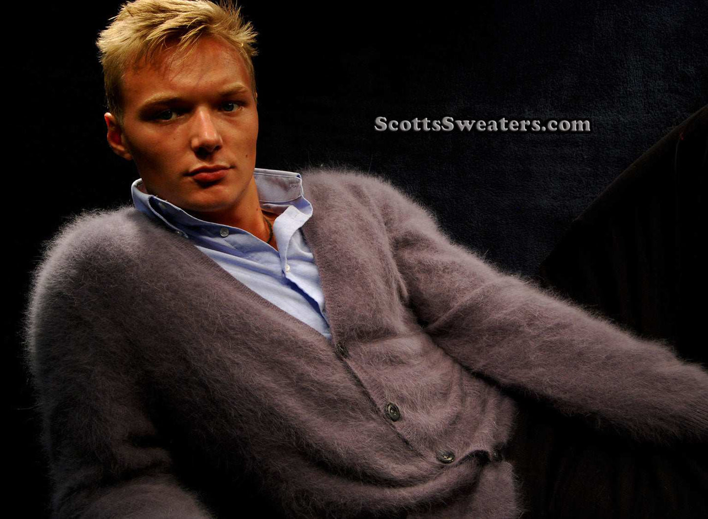 Men's ultra-soft angora cardigan sweater worn by male model in relaxed pose