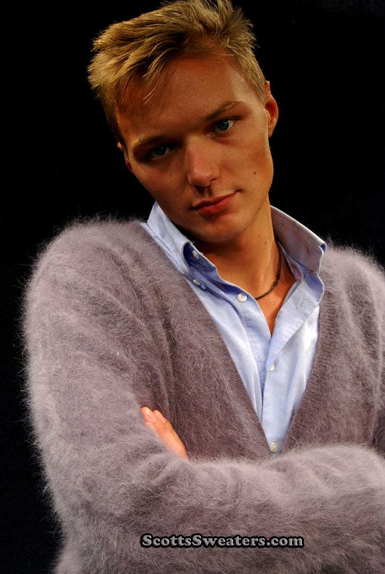 Men's ultra-soft angora cardigan sweater in light gray on male model