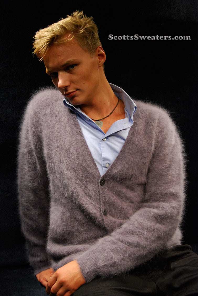 Men's ultra-soft angora cardigan sweater in light purple on male model