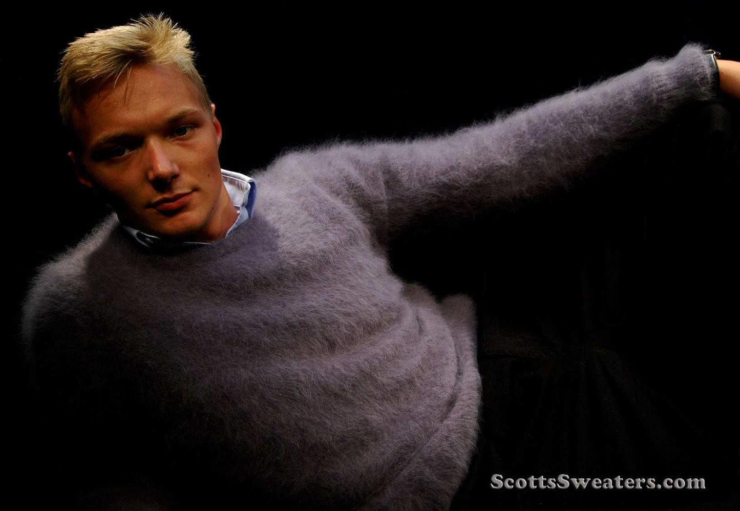 Men's ultra-soft angora crewneck sweater in gray worn by male model