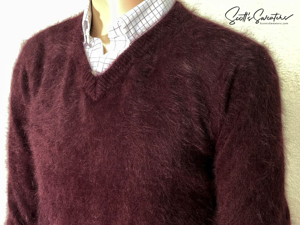 Men's Angora Sweater ultra-soft angora V-neck sweater in burgundy displayed on mannequin with white checkered shirt