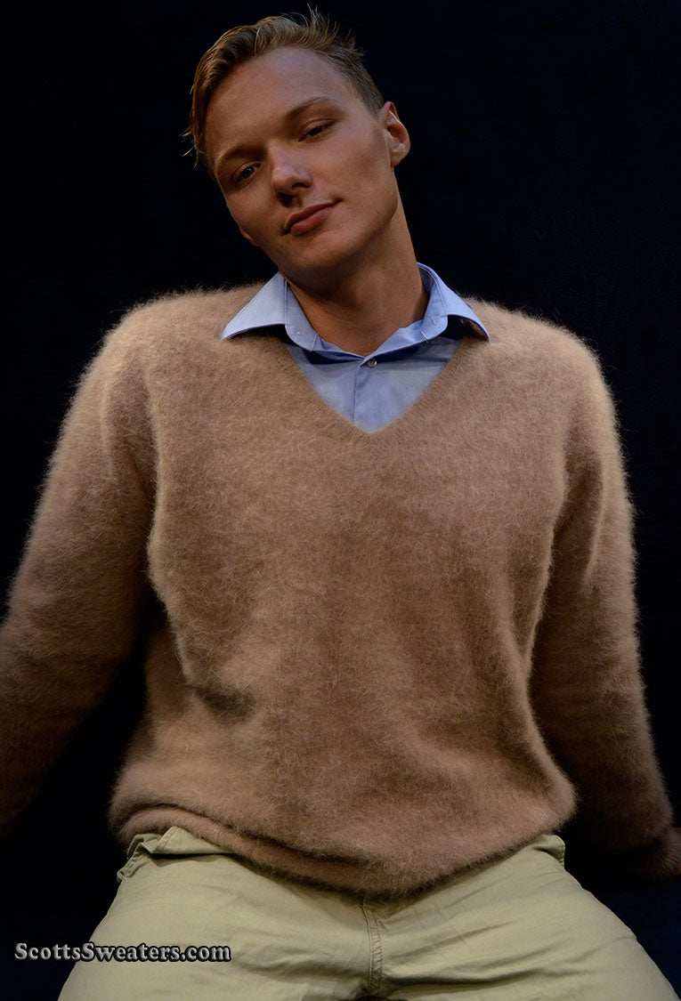 Men's ultra-soft angora V-neck sweater in white, luxurious and warm, available in multiple colors and sizes.