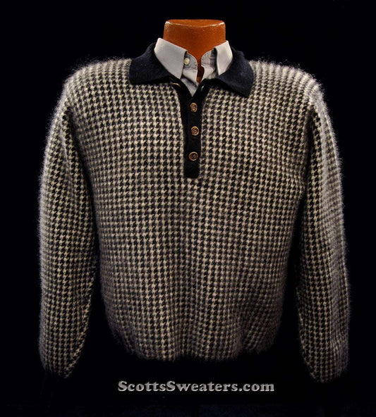 Men's black and white checkered cashmere polo-neck sweater by Forte Prive, X-Small/Small size