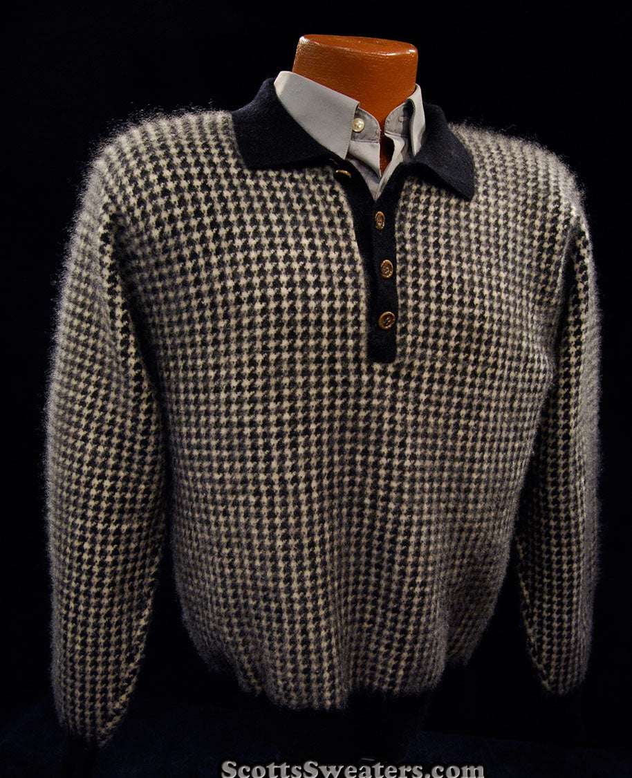 Men's black and white checkered cashmere polo-neck sweater with button placket