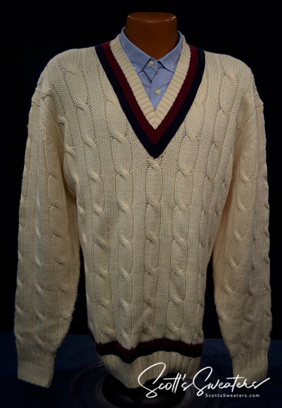 Original retro Merino wool ivory cable-knit V-neck tennis sweater with navy and burgundy striped trim