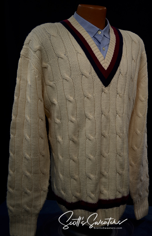 Original retro merino wool ivory cable-knit V-neck tennis sweater with navy and burgundy striped trim