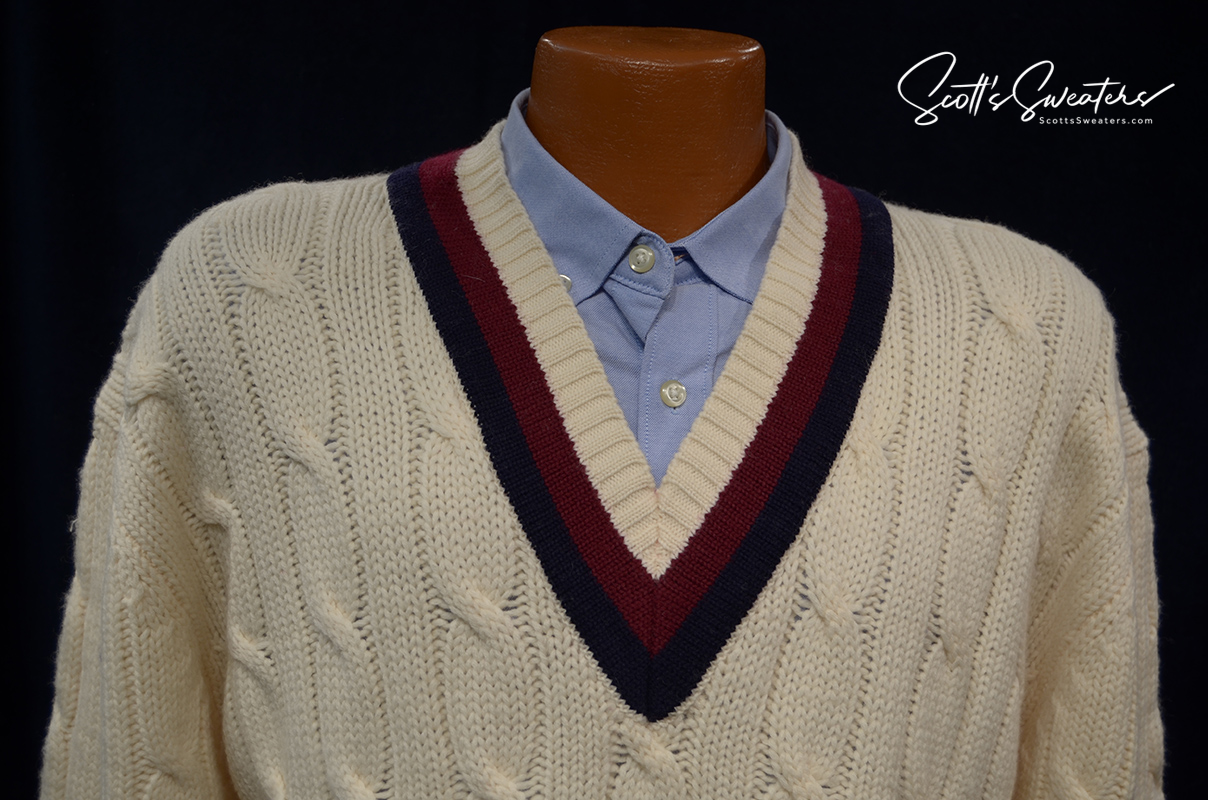 Original Retro Marino Wool ivory cable-knit V-neck tennis sweater with navy and burgundy striped trim