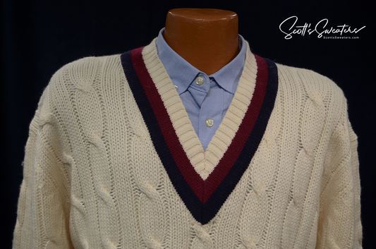 Original Retro Marino Wool ivory cable-knit V-neck tennis sweater with navy and burgundy striped trim