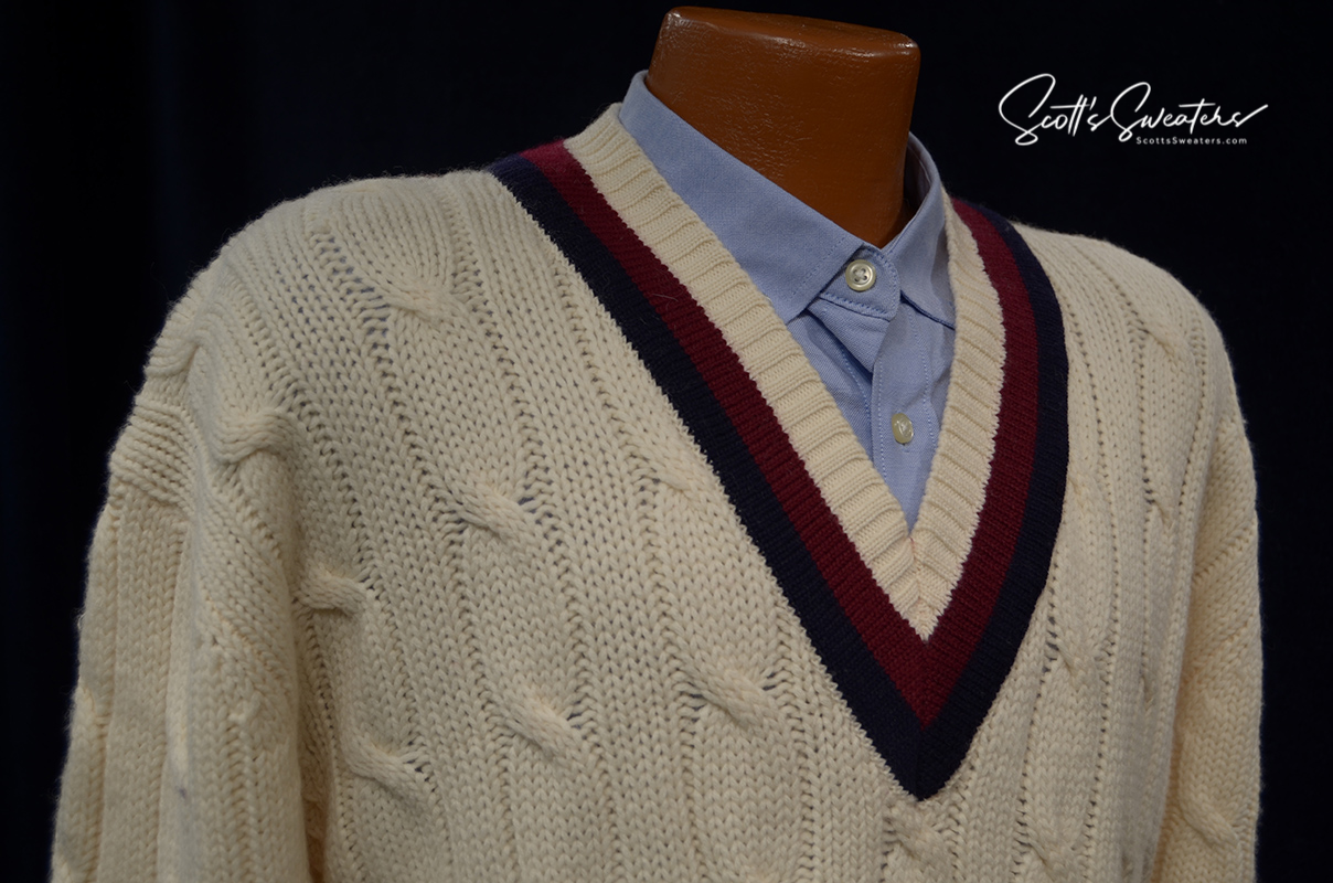 Original retro merino wool ivory cable-knit V-neck tennis sweater with navy and burgundy striped trim