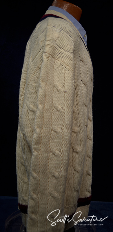 Original retro merino wool ivory cable-knit tennis sweater with navy and burgundy striped trim